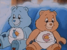 Two care bears putting on their seat belts.